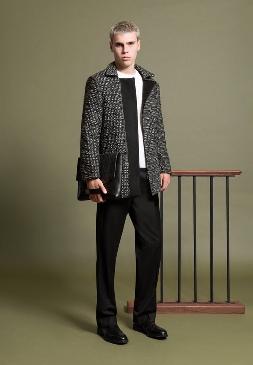 Manteau court zippé en laine noir et blanc