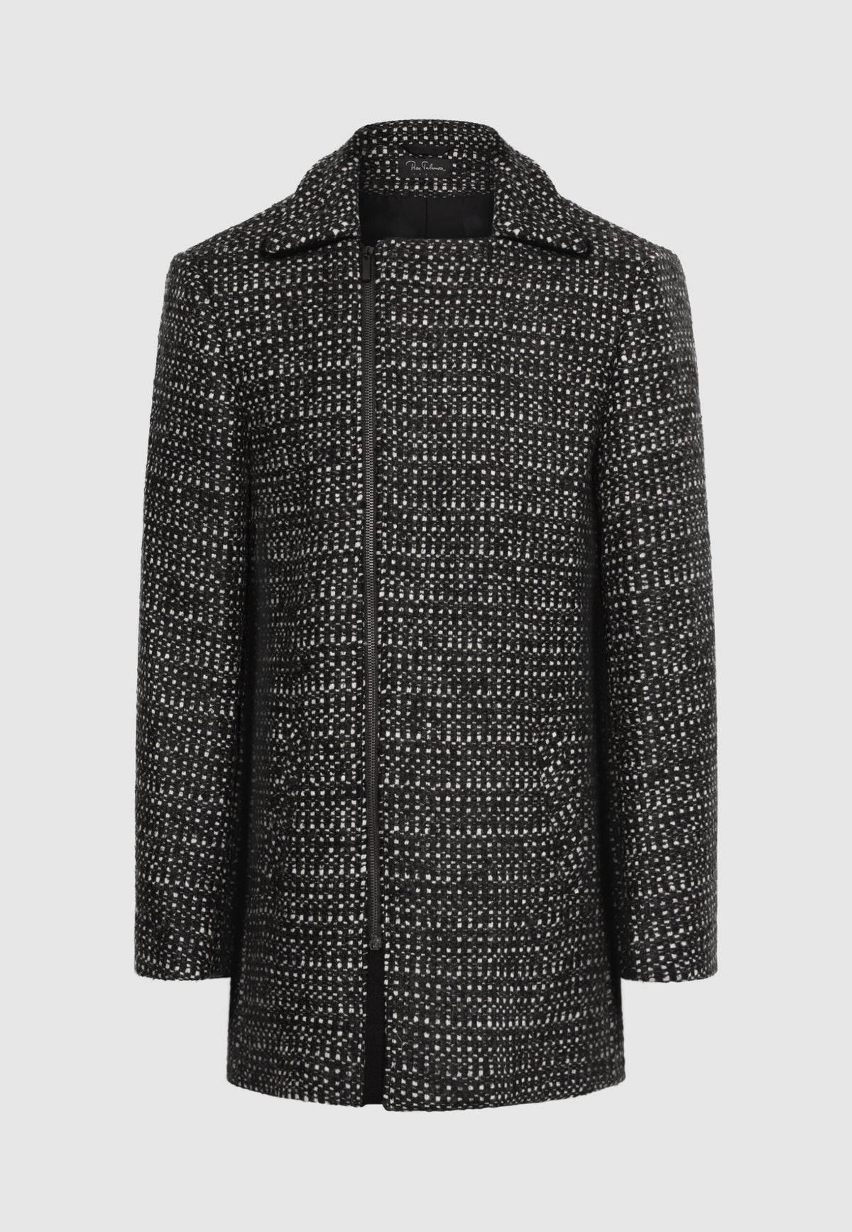 Manteau court zippé en laine noir et blanc