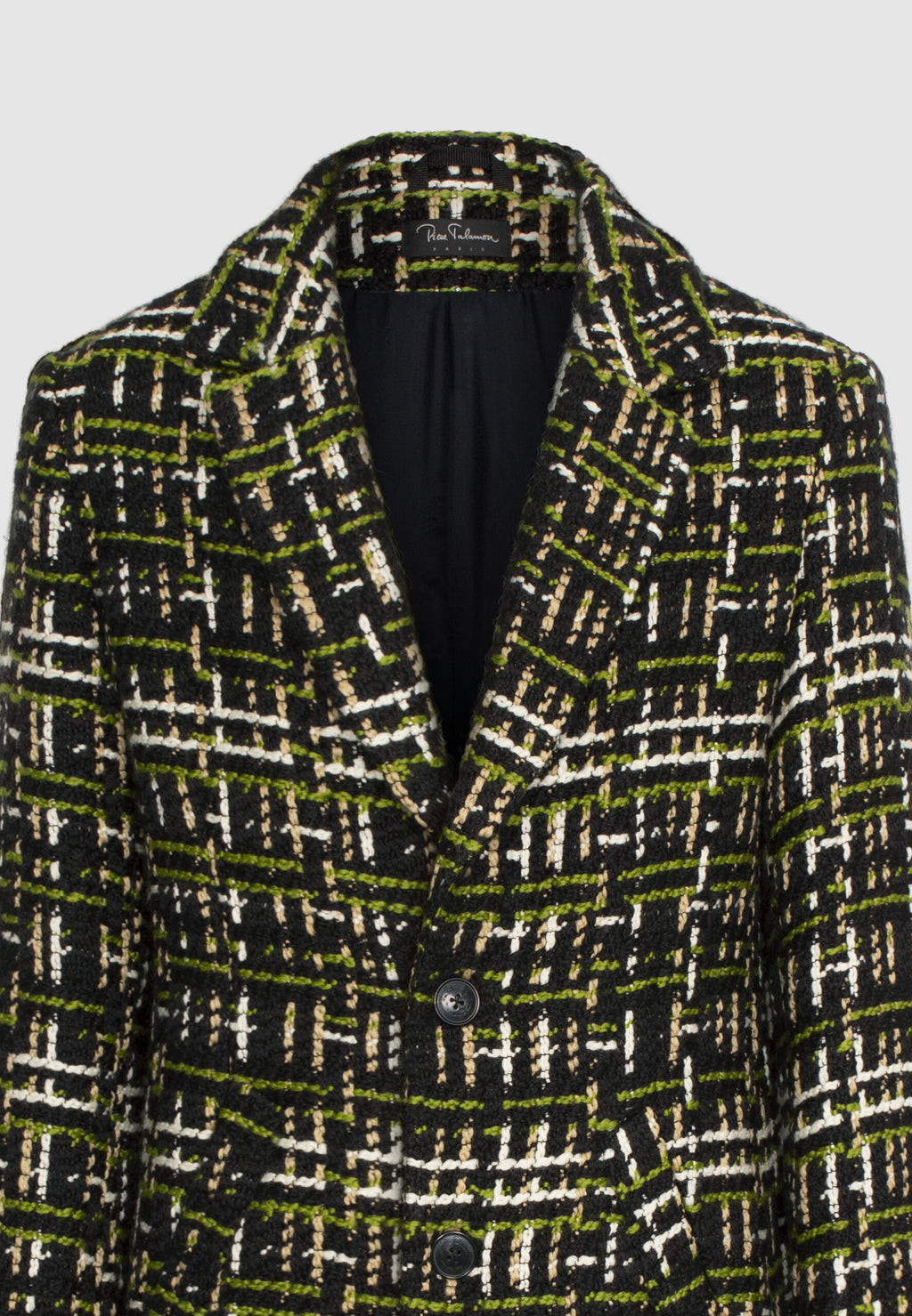 Manteau en tweed de laine noir, vert, beige et blanc