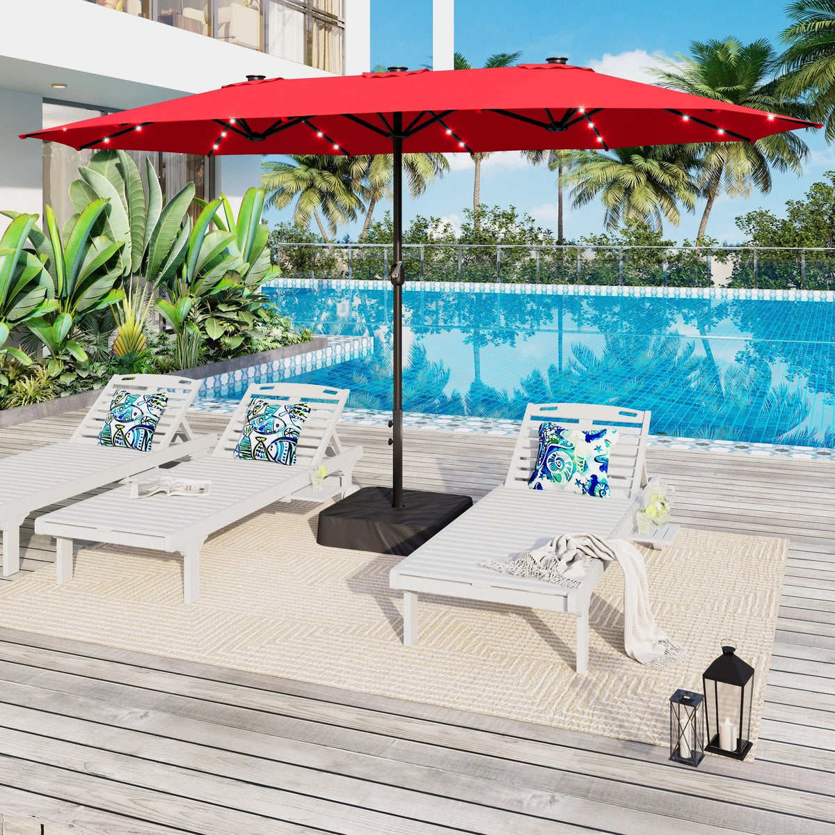 15-foot Rectangular Crank Double-sided Outdoor Market Umbrella Solar LED Lighted Patio Umbrella with Base Included