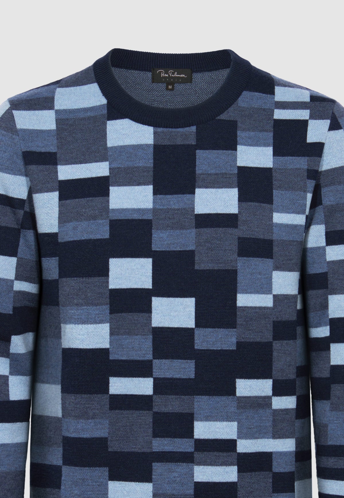 pull jacquard en laine mérinos à carreaux bleus