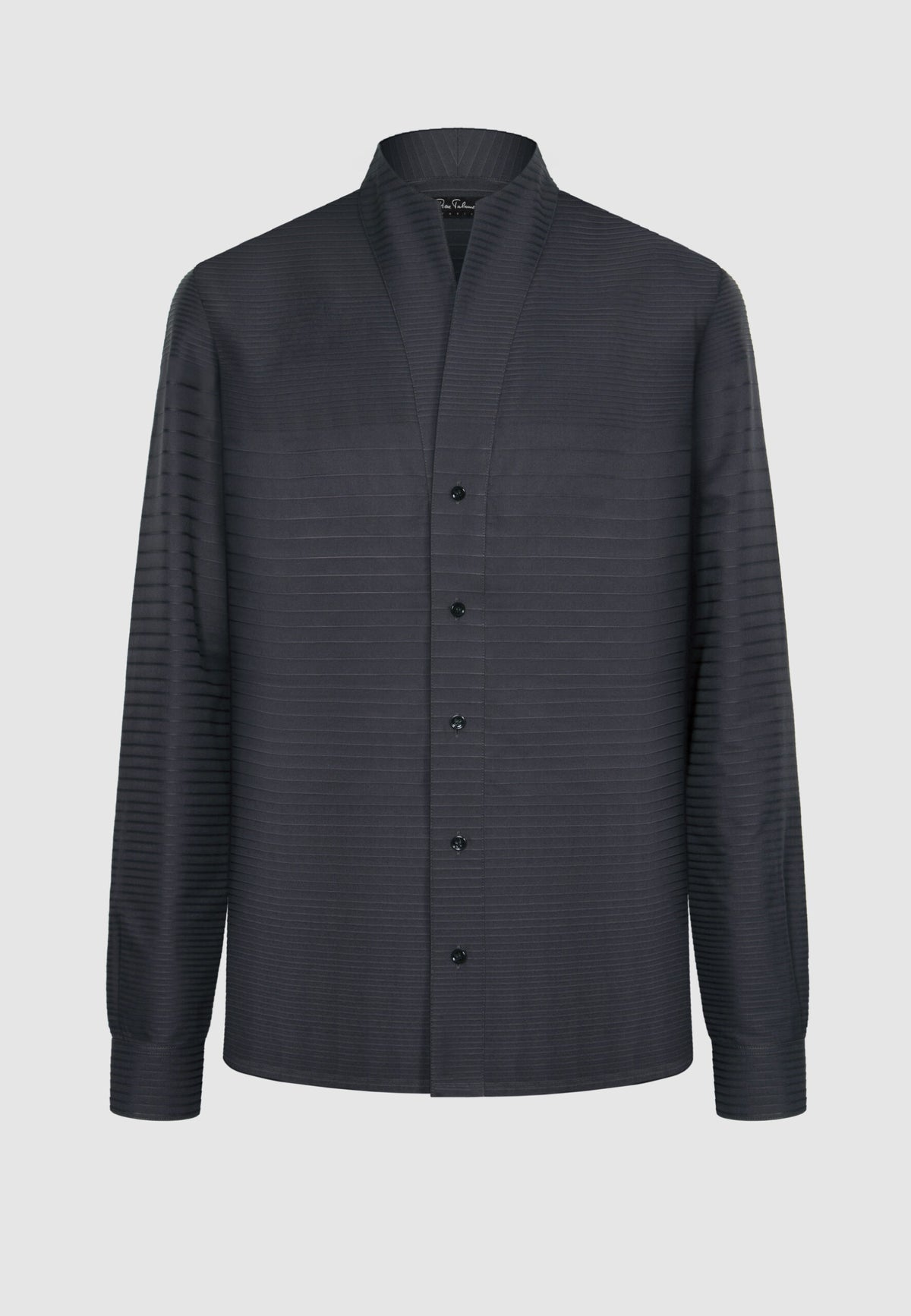 Chemise col montant en coton gris à rayures en relief