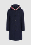 Manteau en laine bleu marine à capuche et galon