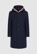 Manteau en laine bleu marine à capuche et galon