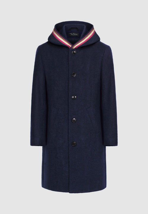 Manteau en laine bleu marine à capuche et galon