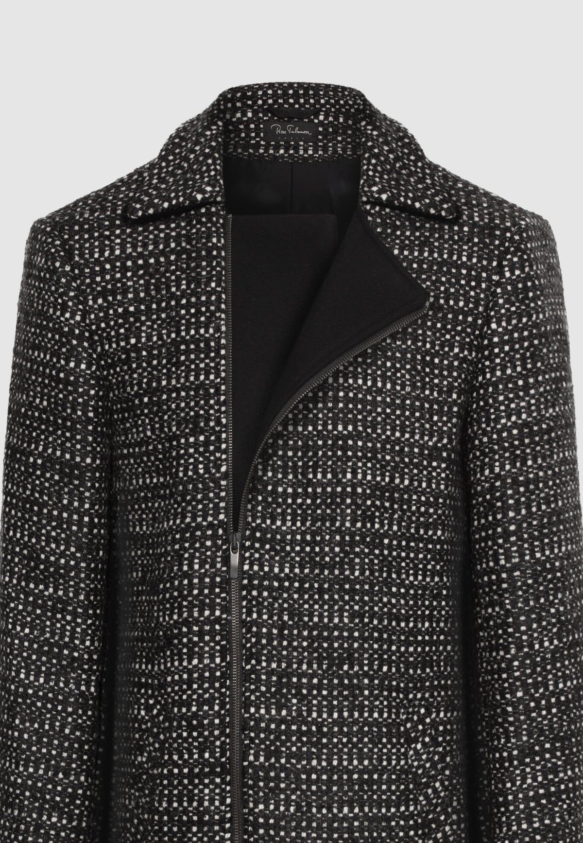 Manteau court zippé en laine noir et blanc