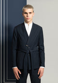 Veste en laine bleu marine ceinturée à col yukata