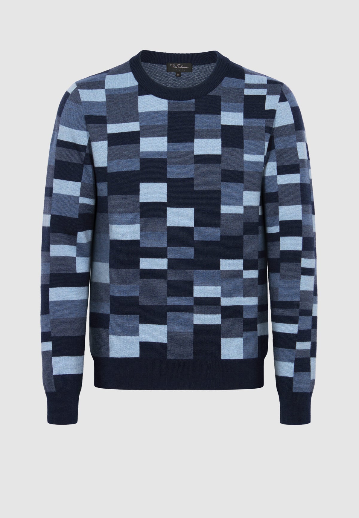 pull jacquard en laine mérinos à carreaux bleus