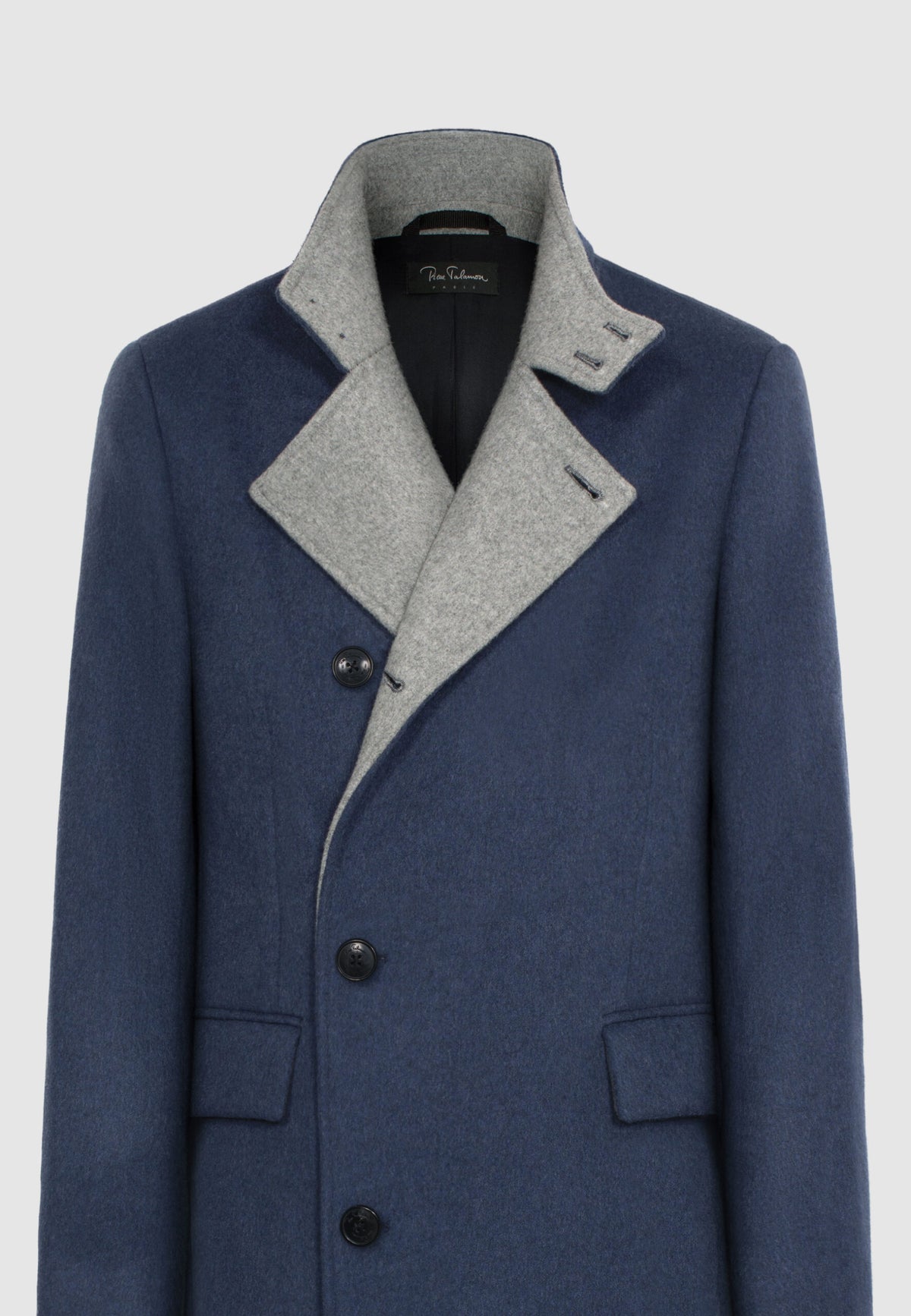 Manteau en laine col officier bleu et gris