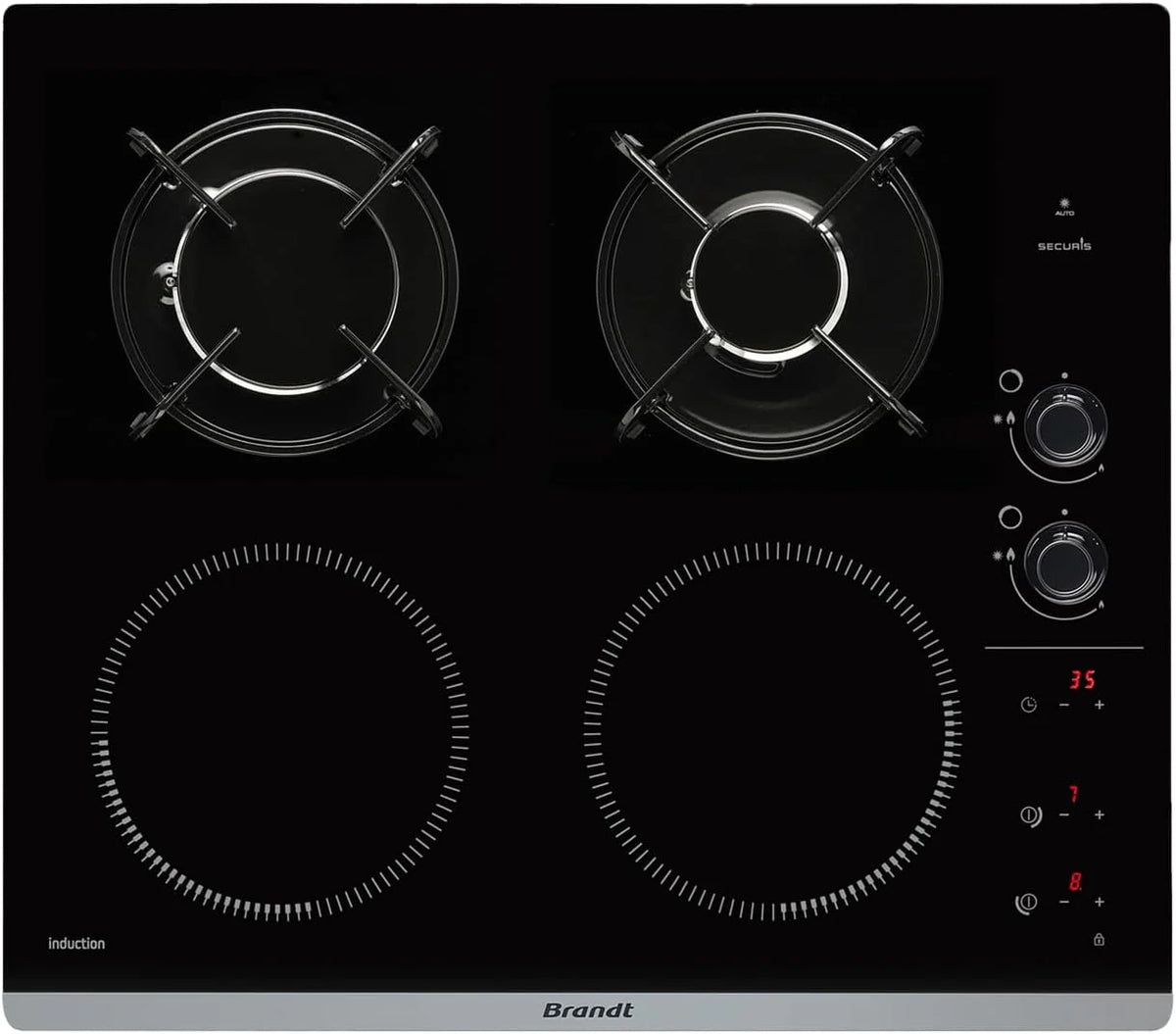 Brandt - BPI6413BM - Plaque Induction et Gaz - Table de Cuisson - Noir - 4 Foyers - 3400W Electrique et 4600 Gaz - Dimensions Encastrement : 56x49cm - 9 Positions par Foyer - Fabriqué en France(Default Title)