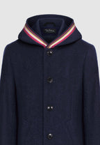 Manteau en laine bleu marine à capuche et galon