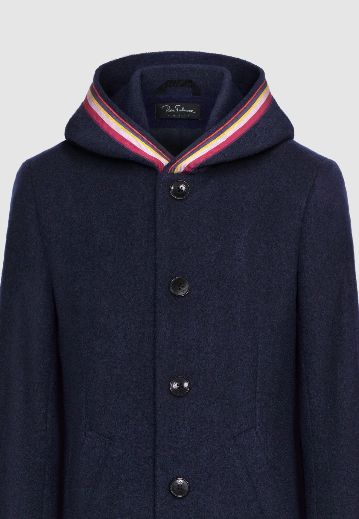 Manteau en laine bleu marine à capuche et galon