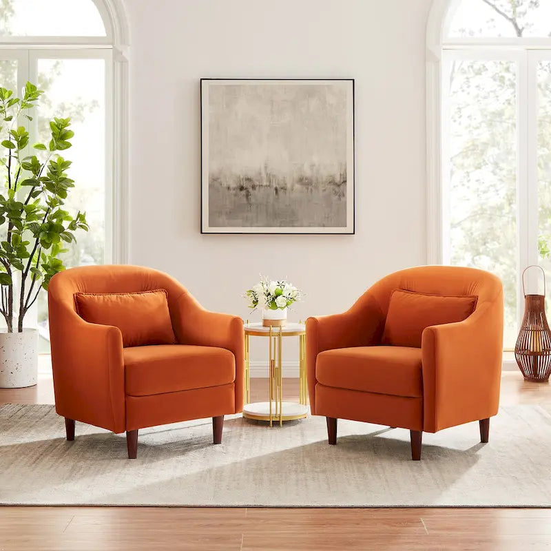 28.34W Set Of 2 Accent Armchair, Velvet Barrel Chair with Solid Wood Legs
