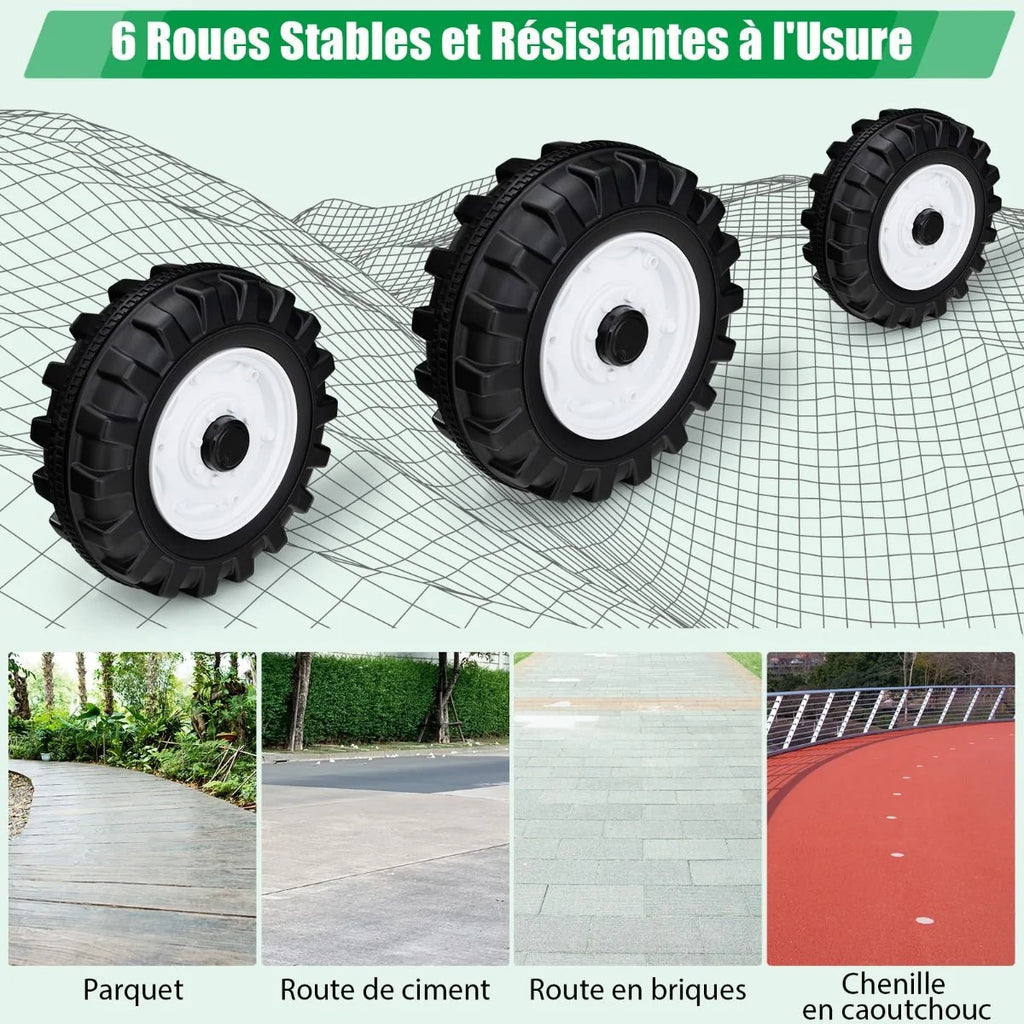 12V Tracteur Électrique Enfants avec Pelle&Remorque Amovible Véhicule Électrique à 6 Roues avec Télécommande & Musique 3-6 km/h pour 3-8 Ans Jaune/Vert