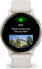 Garmin Vivoactive 5 montre intelligente GPS santé et fitness pour homme et femme lunette aluminium doré crème bracelet silicone ivoire écran AMOLED 3 cm autonomie