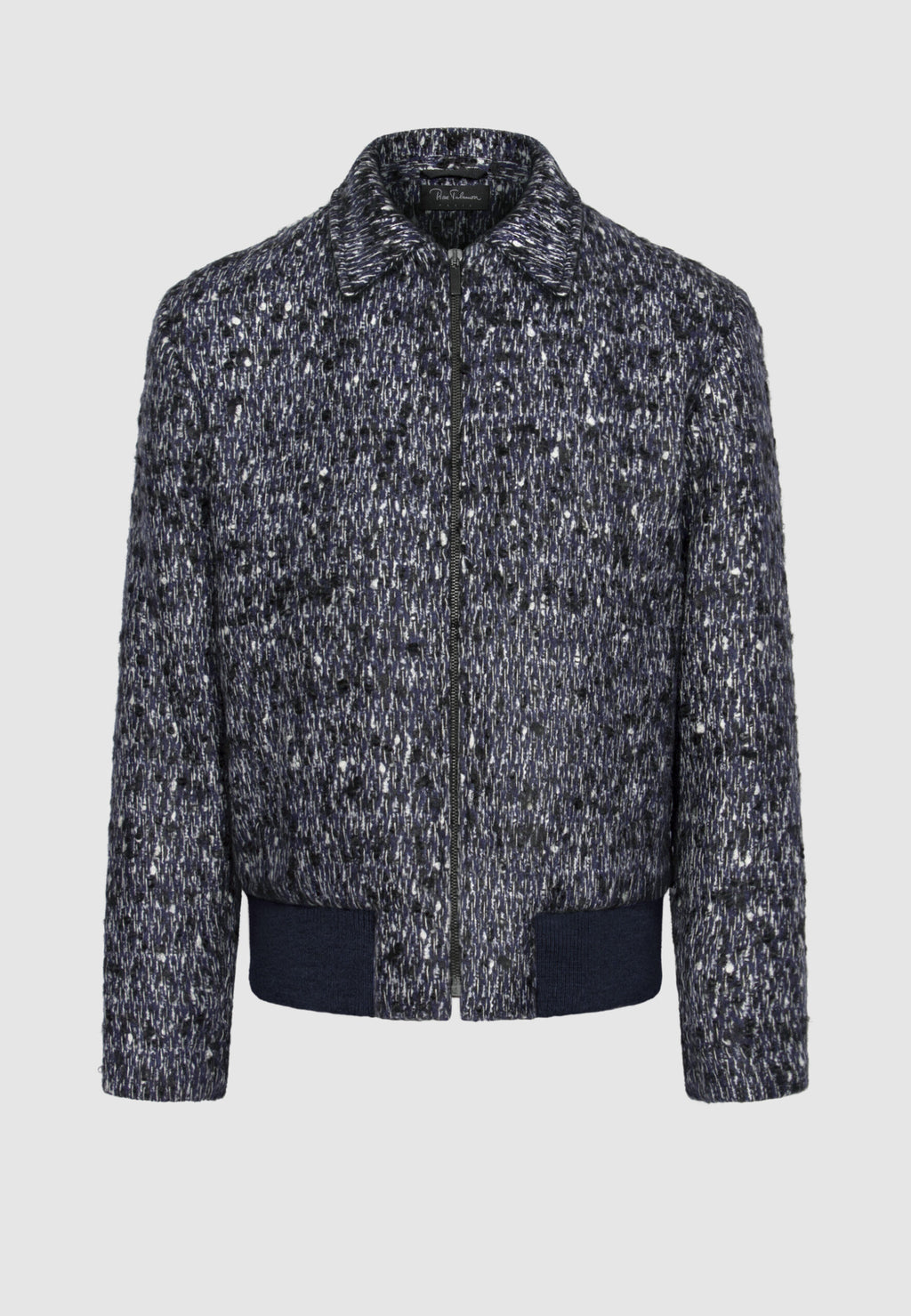Blouson zippé en tweed de laine chiné bleu, noir et blanc