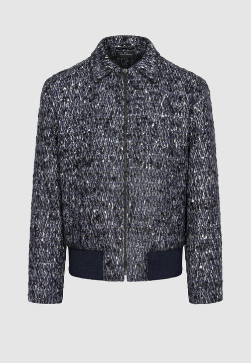 Blouson zippé en tweed de laine chiné bleu, noir et blanc