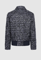 Blouson zippé en tweed de laine chiné bleu, noir et blanc