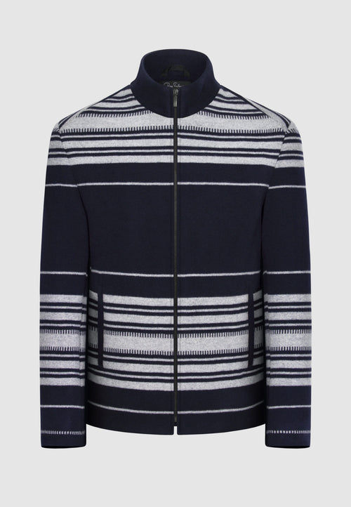 Blouson zippé en laine et cachemire bleu marine à rayures