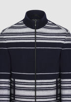 Blouson zippé en laine et cachemire bleu marine à rayures