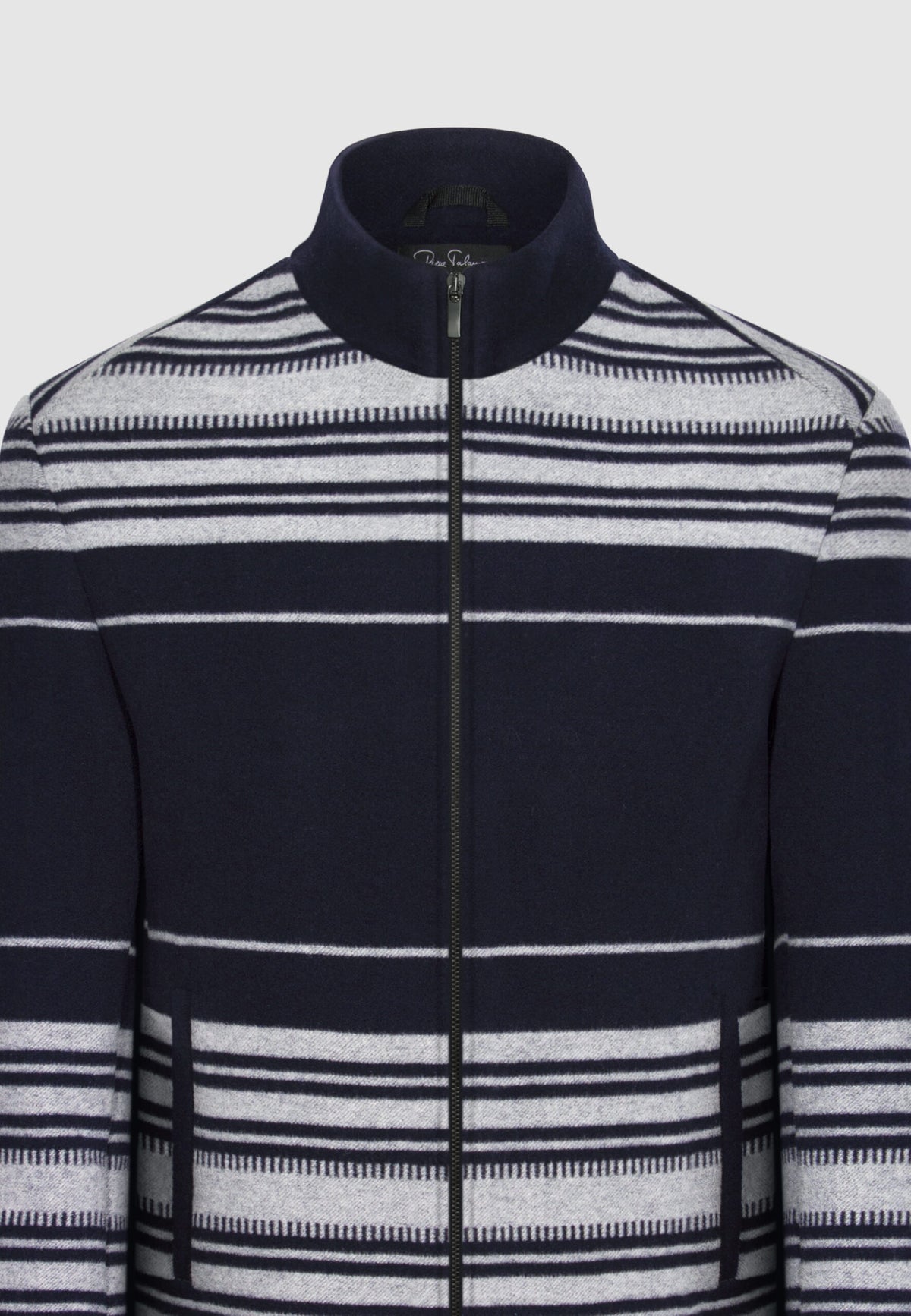 Blouson zippé en laine et cachemire bleu marine à rayures