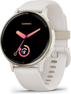 Garmin Vivoactive 5 montre intelligente GPS santé et fitness pour homme et femme lunette aluminium doré crème bracelet silicone ivoire écran AMOLED 3 cm autonomie