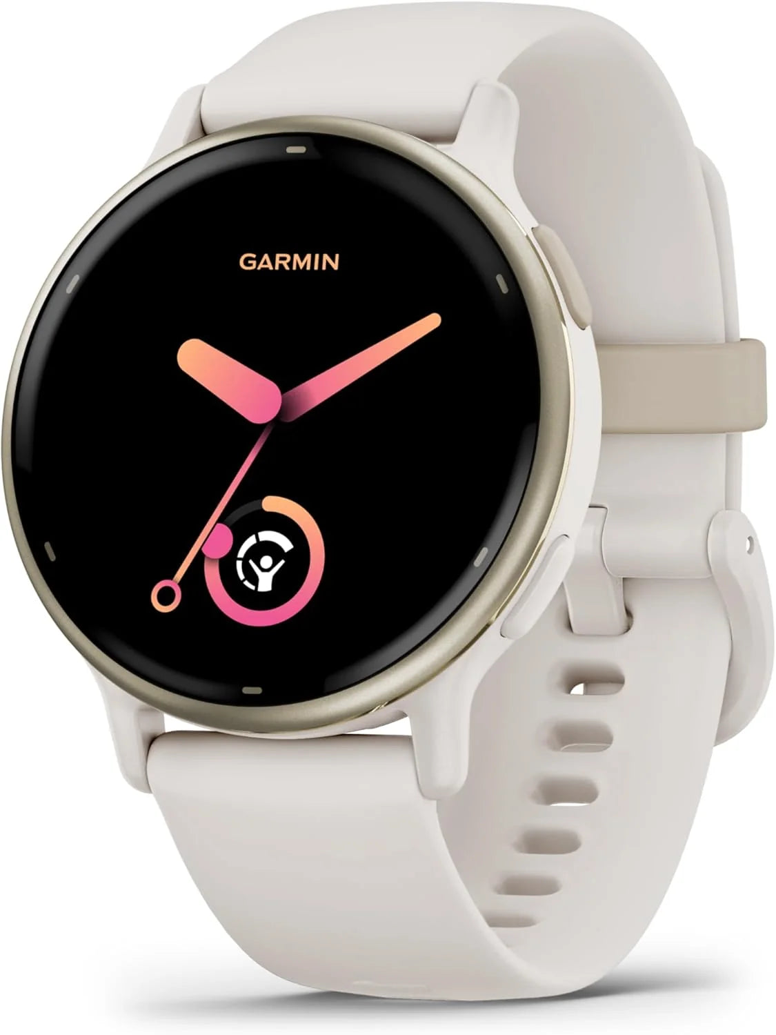 Garmin Vivoactive 5 montre intelligente GPS santé et fitness pour homme et femme lunette aluminium doré crème bracelet silicone ivoire écran AMOLED 3 cm autonomie