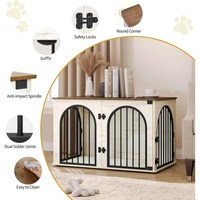100cm Cage pour Chiens,Cage Chien de Taille Moyenne, Maisonnette pour Animaux,3 Portes, Porte arquée, 60 x 100 x 63 cm,Ivoire Clair