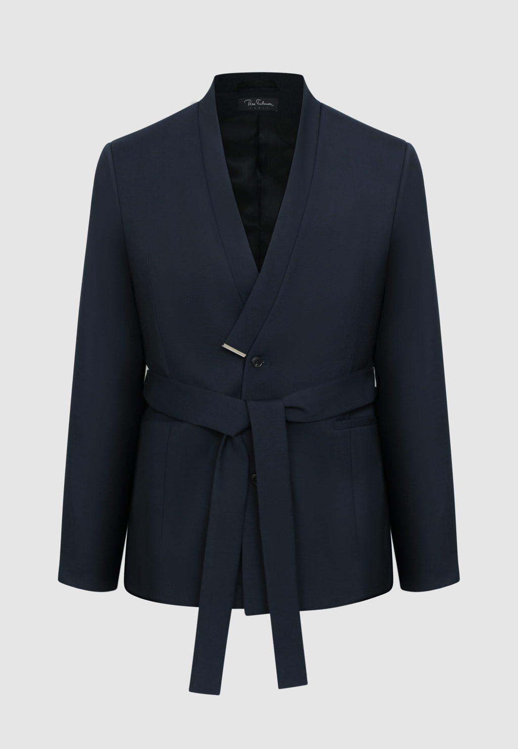 Veste en laine bleu marine ceinturée à col yukata