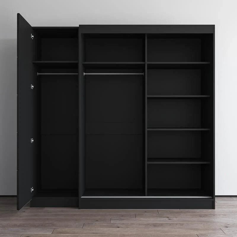 2-Door Wardrobe with Mirror, Glass Front, 2-Person (Gray / Black / White)