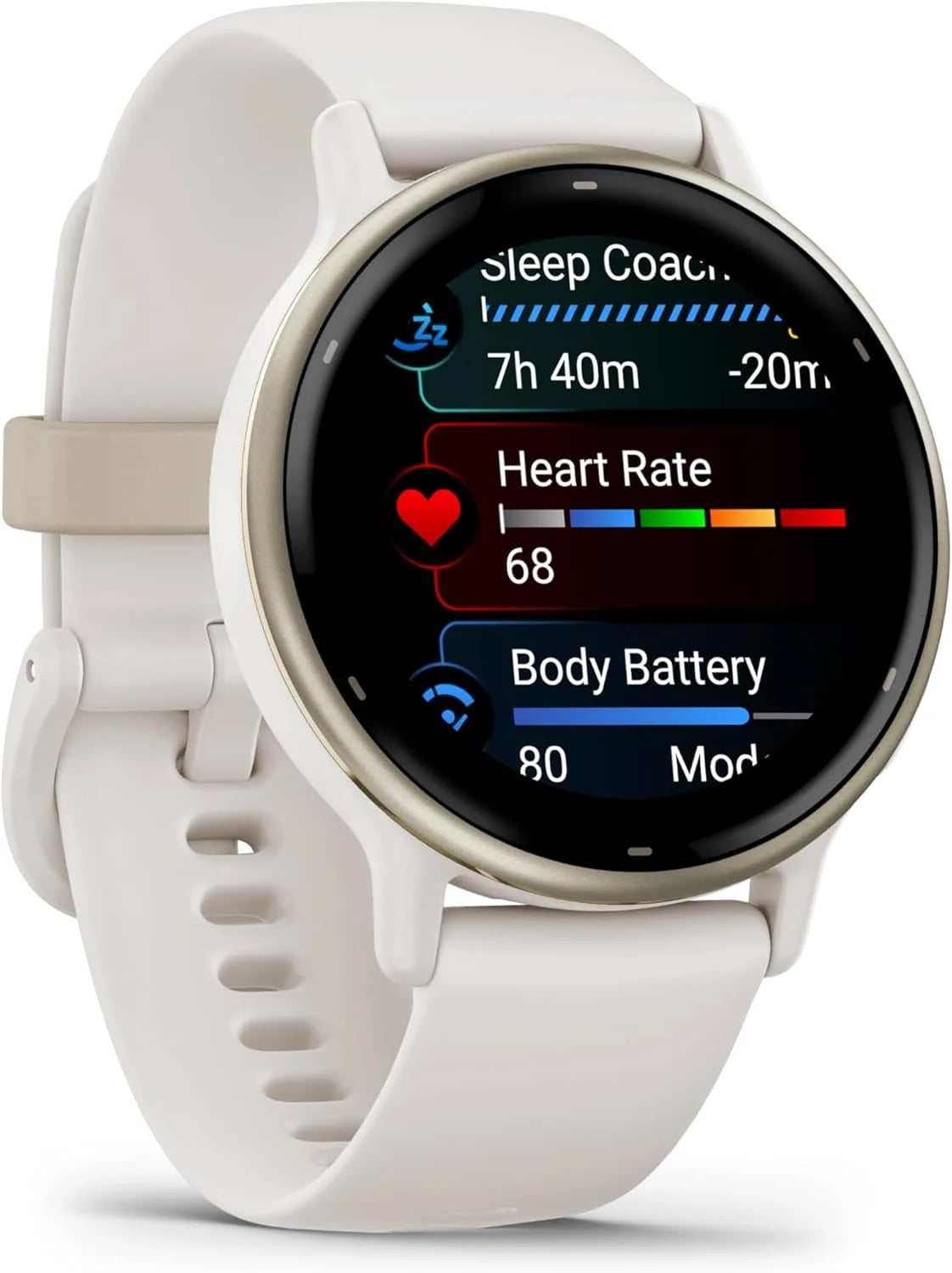 Garmin Vivoactive 5 montre intelligente GPS santé et fitness pour homme et femme lunette aluminium doré crème bracelet silicone ivoire écran AMOLED 3 cm autonomie