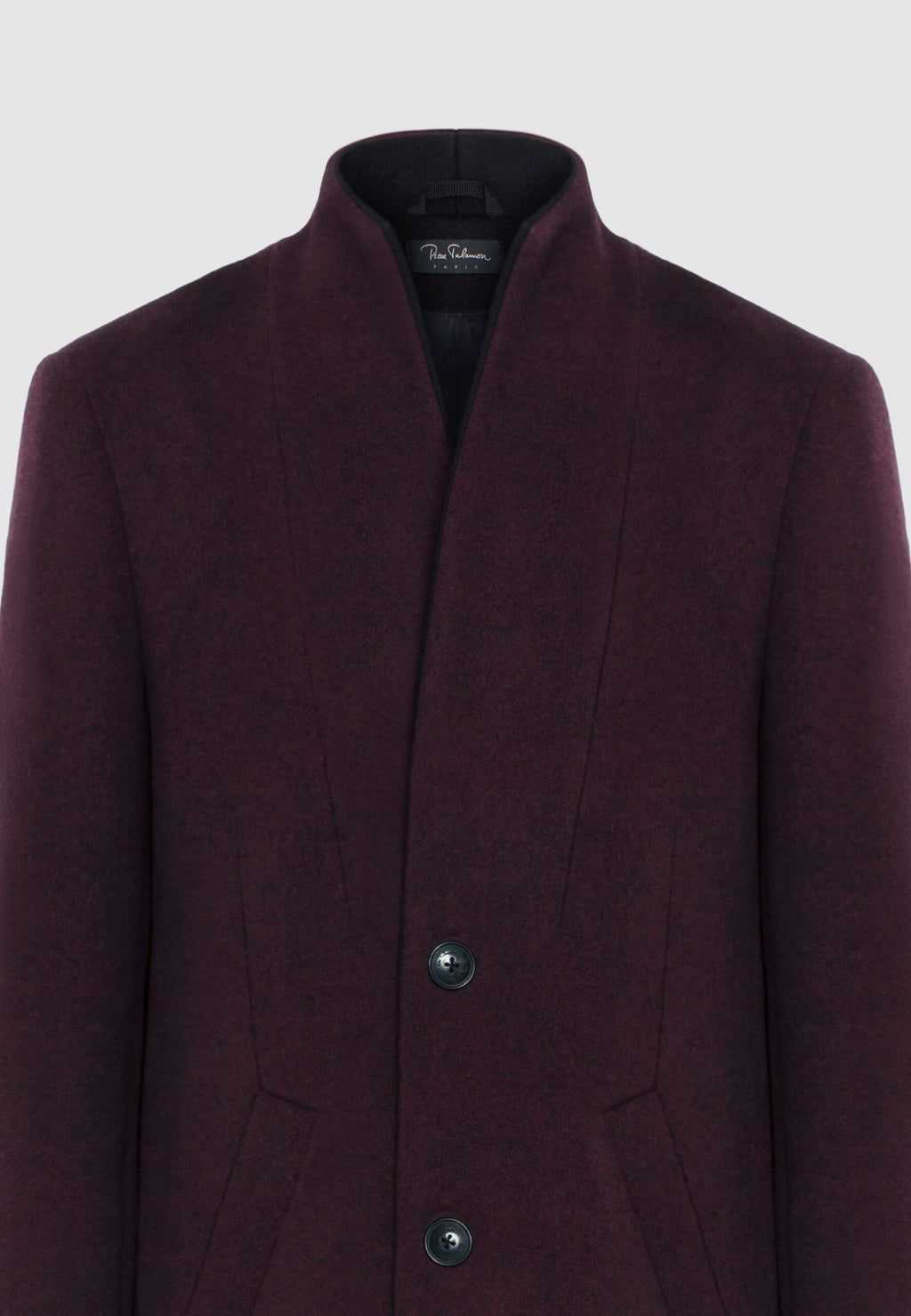 Manteau en laine bordeaux et noir à col montant