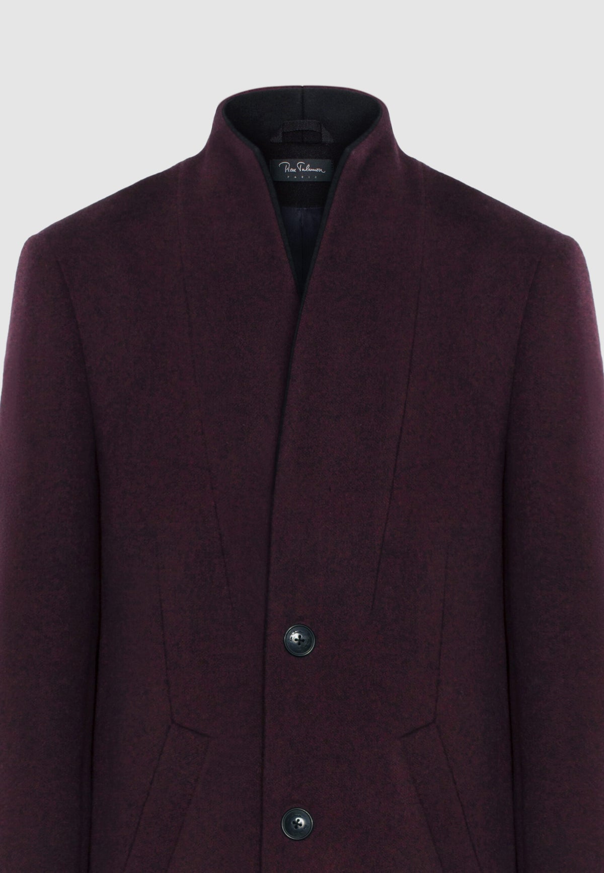 Manteau en laine bordeaux et noir à col montant