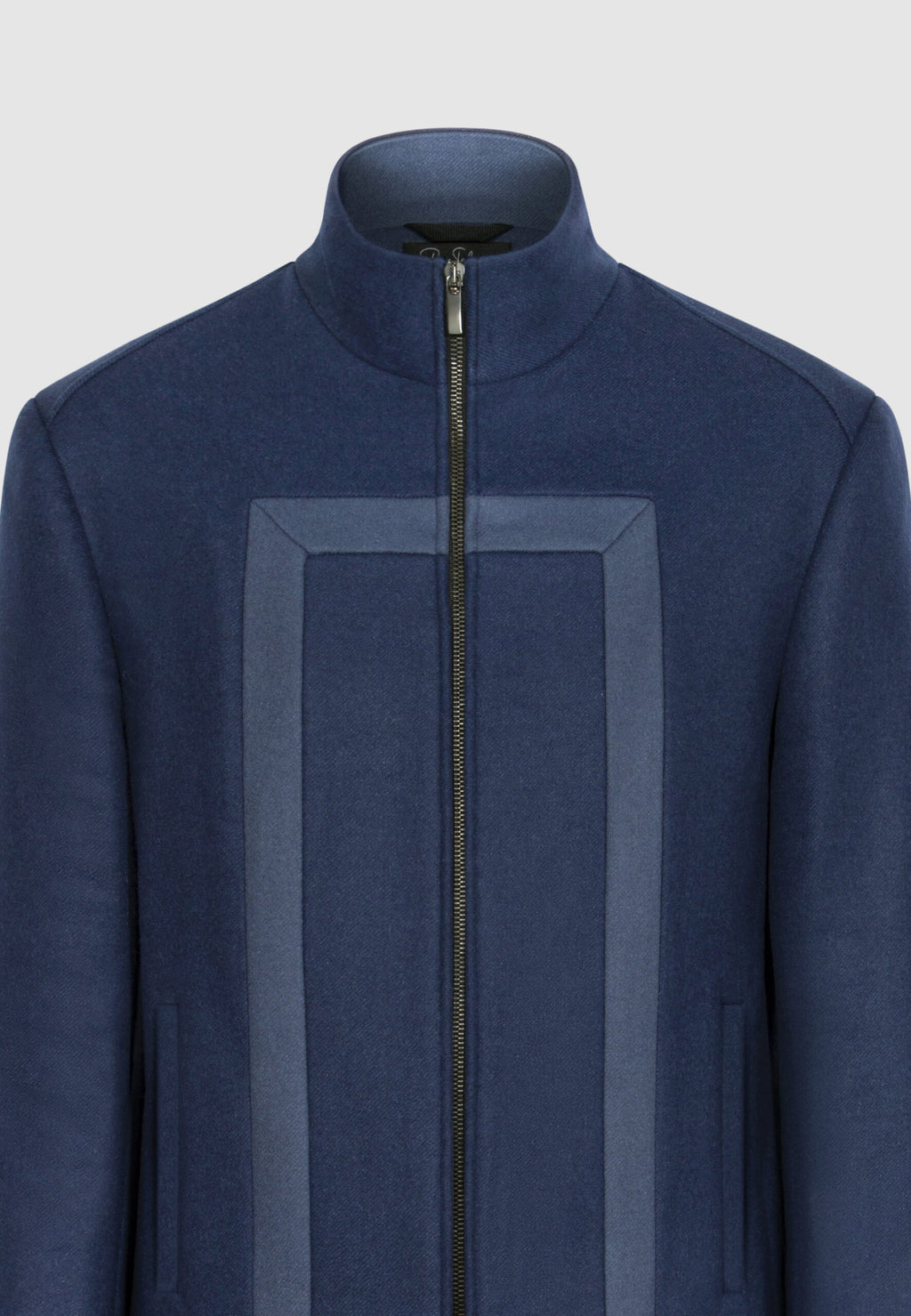 Blouson zippé en laine bleu à découpes contrastées