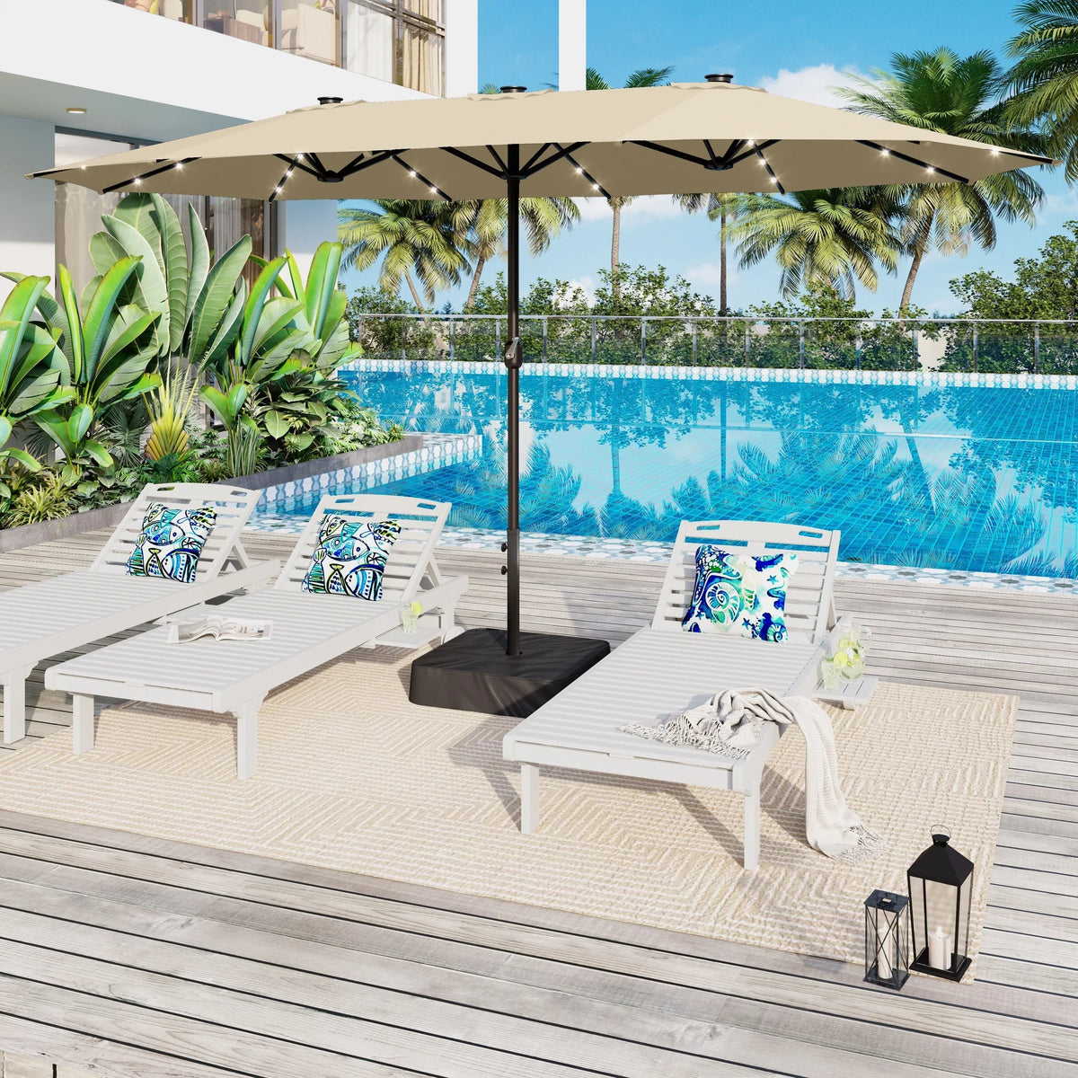 15-foot Rectangular Crank Double-sided Outdoor Market Umbrella Solar LED Lighted Patio Umbrella with Base Included