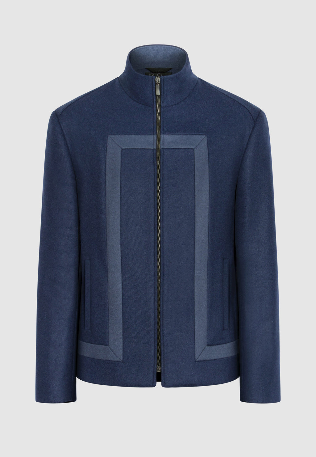 Blouson zippé en laine bleu à découpes contrastées