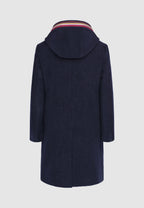 Manteau en laine bleu marine à capuche et galon