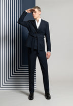 Veste en laine bleu marine ceinturée à col yukata