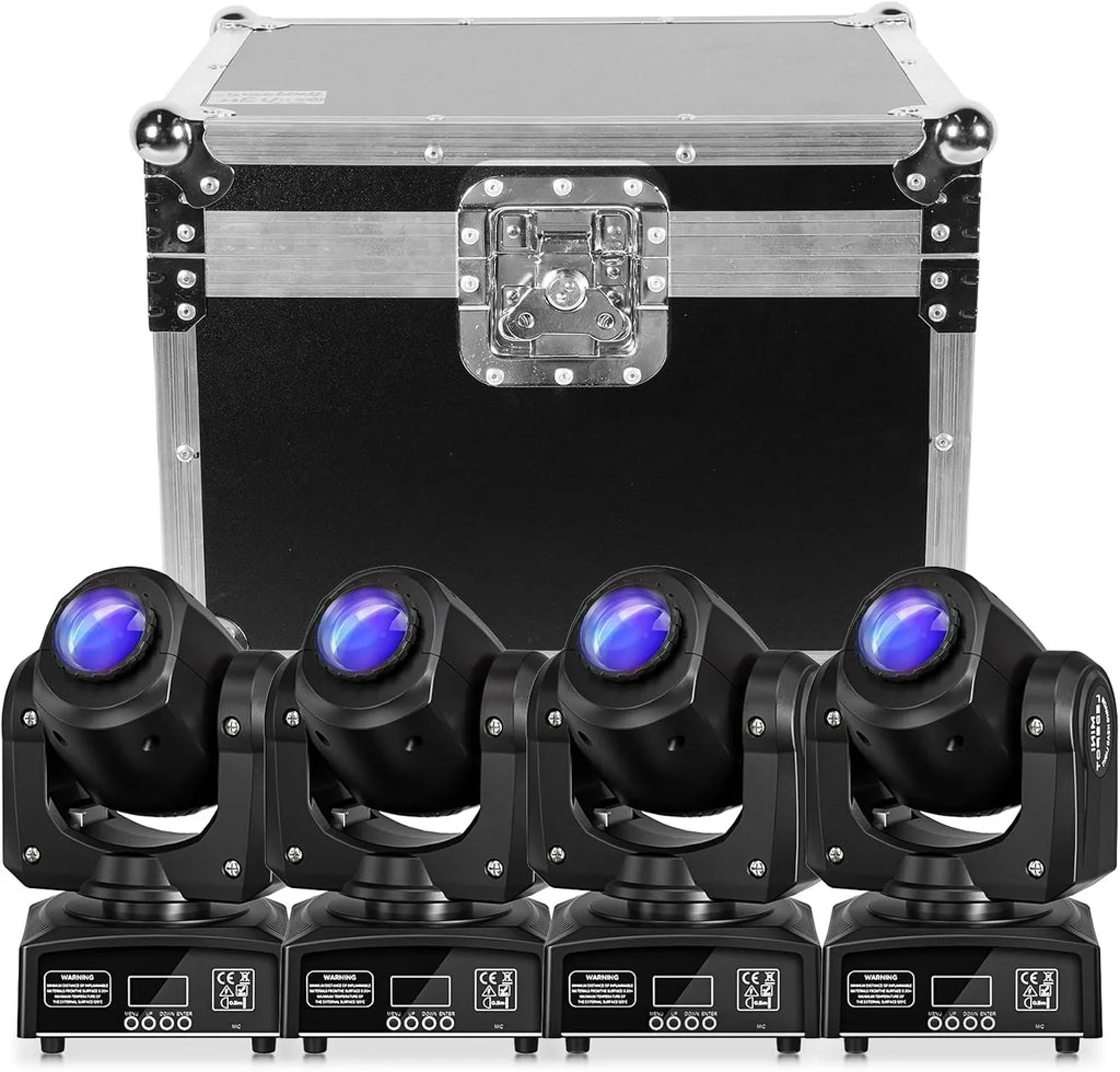 Lot 4 éclairages scène LED moving head RGBW, flight case, DMX, effet rotatif